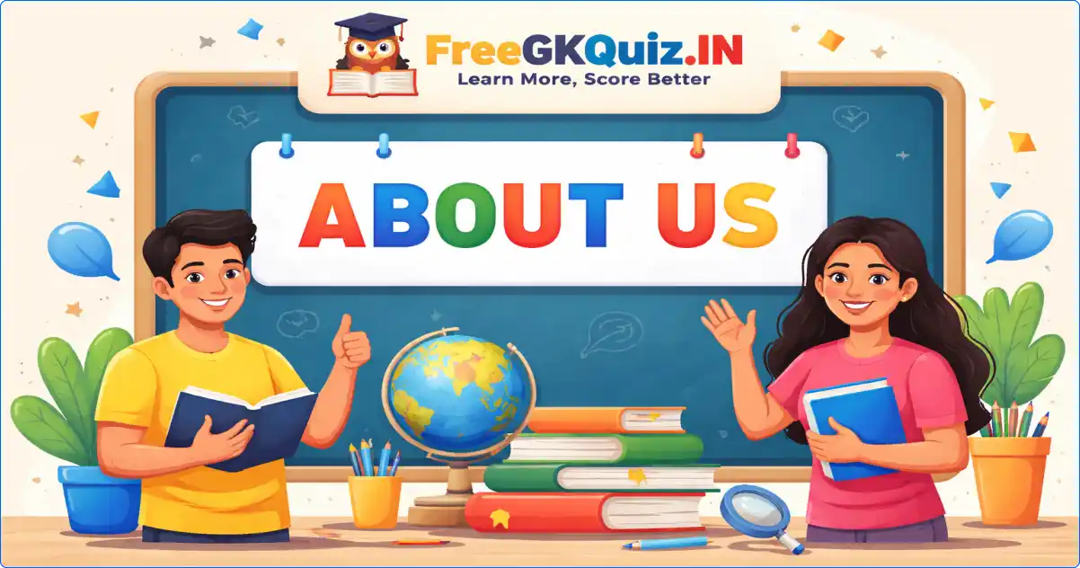 About Us FreeGKQuiz.IN – students learning general knowledge with books, globe and quiz elements