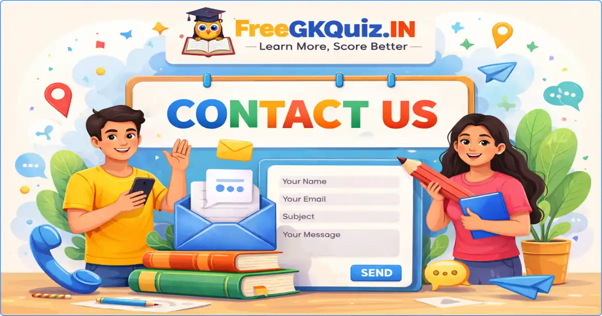 Contact Us FreeGKQuiz.IN illustration with contact form, email icon, students and communication elements