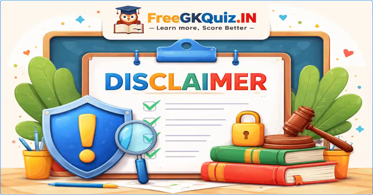 Disclaimer page illustration with checklist, shield, magnifying glass and legal symbols for FreeGKQuiz.IN