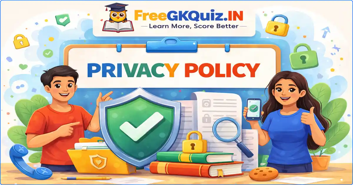 Privacy Policy FreeGKQuiz.IN illustration with security shield, lock icons and data protection concept