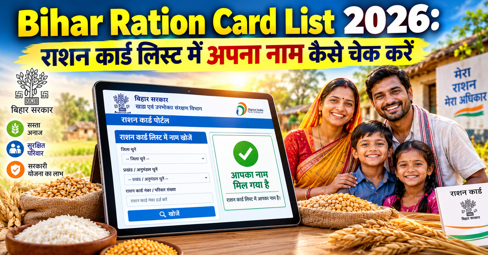 Bihar Ration Card List 2026: राशन कार्ड लिस्ट में अपना नाम कैसे चेक करें (स्टेप-बाय-स्टेप गाइड) को दर्शाता हुआ 1200×630 फीचर इमेज