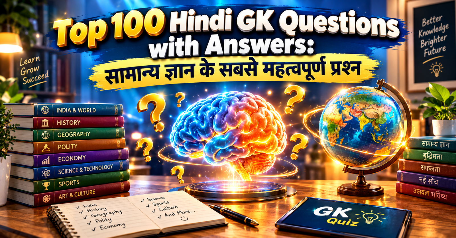 Top 100 Hindi GK Questions with Answers: सामान्य ज्ञान के सबसे महत्वपूर्ण प्रश्न को दर्शाता हुआ 1200×630 फीचर इमेज