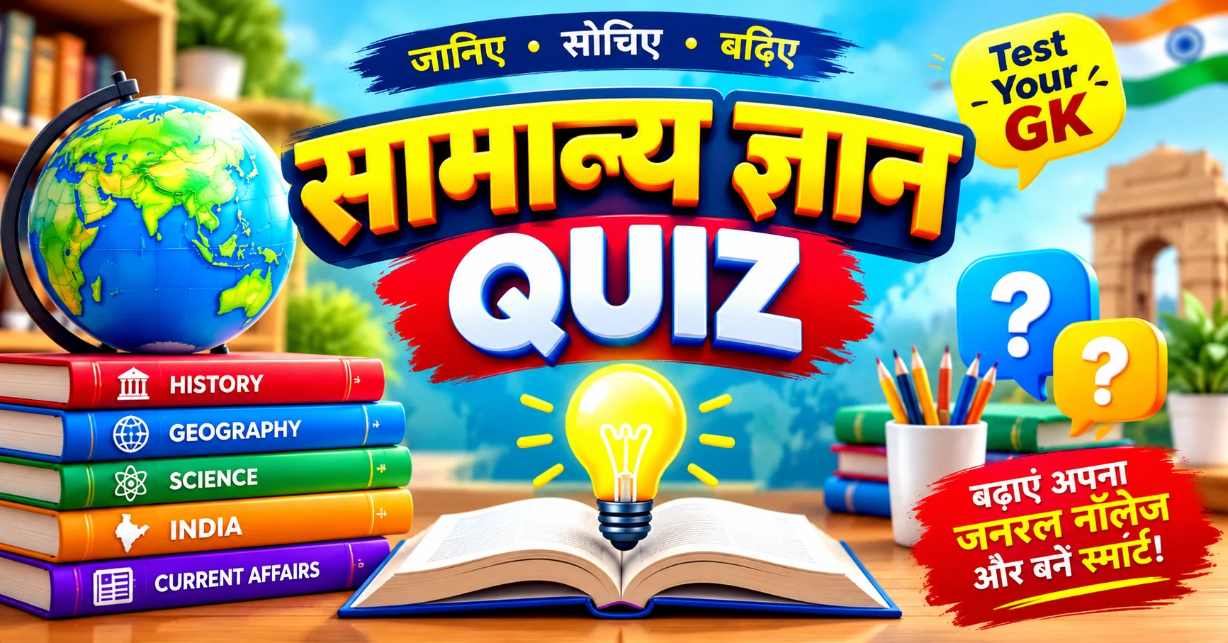 Colorful graphic representing a General knowledge quiz with icons