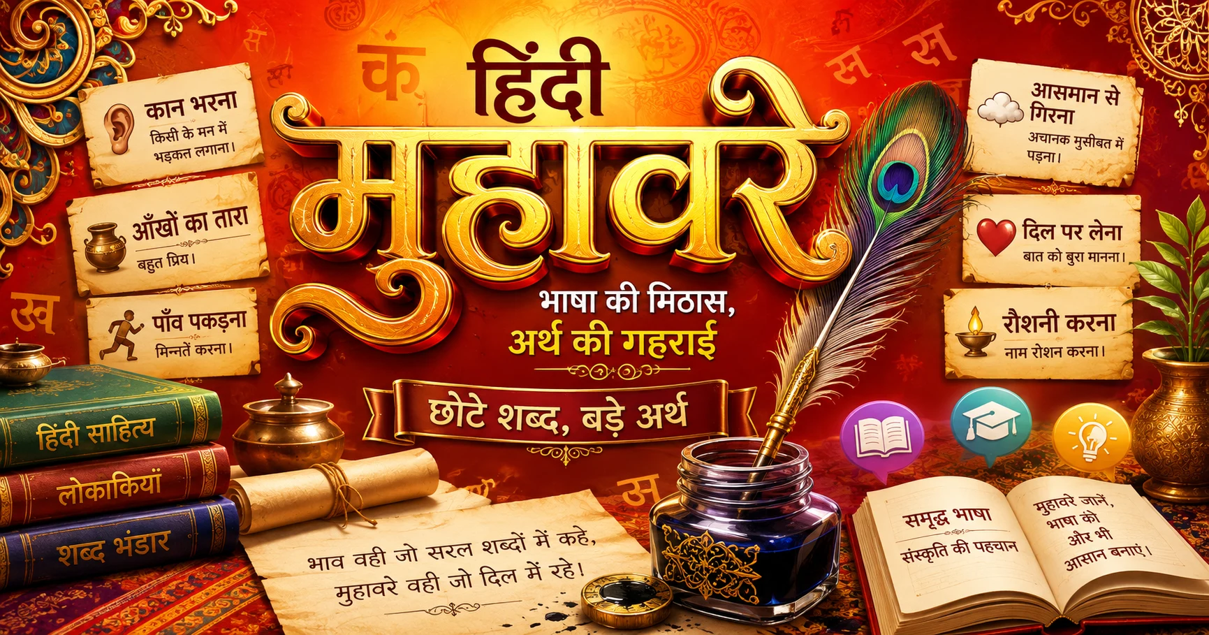 A colorful educational banner presenting famous Hindi muhabare with creative symbols.