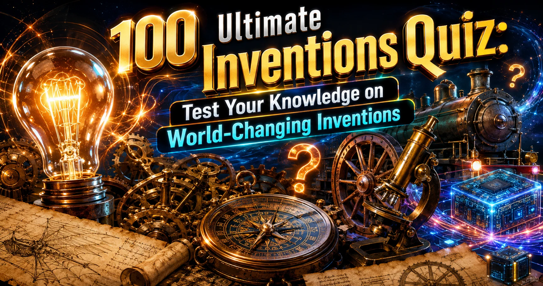 A vibrant digital illustration showcasing iconic Inventions from history to the modern age.