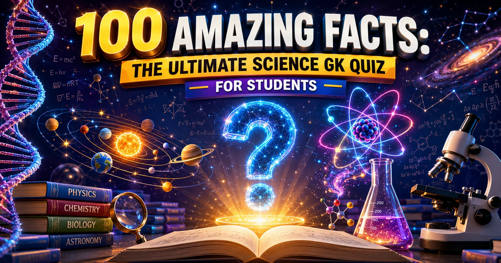 Colorful science GK Quiz banner with laboratory icons