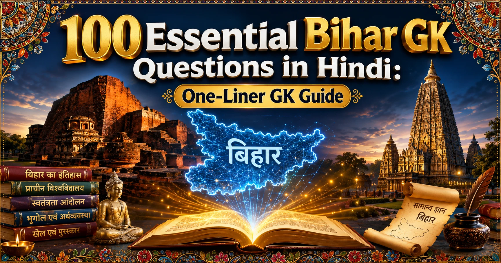 Featured image illustration for 100 Essential Bihar GK Questions in Hindi: One-Liner GK Guide - Bihar GK Questions in Hindi