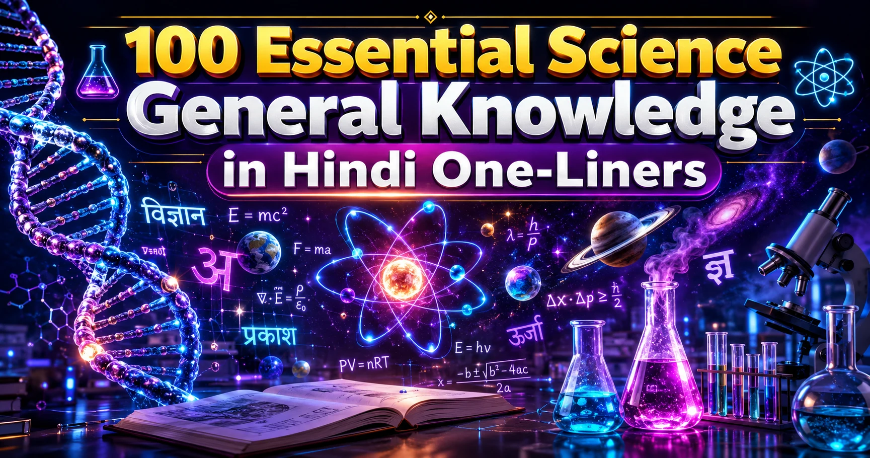 Infographic image for Science General knowledge in Hindi featuring chemistry and physics icons